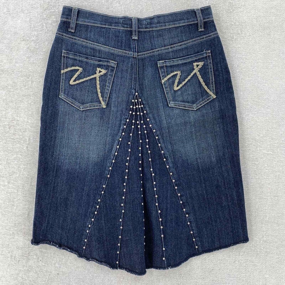 Vanilla Star Denim Skirt Womens 7 Blue Studded Godet Pleat High Low Raw Hem